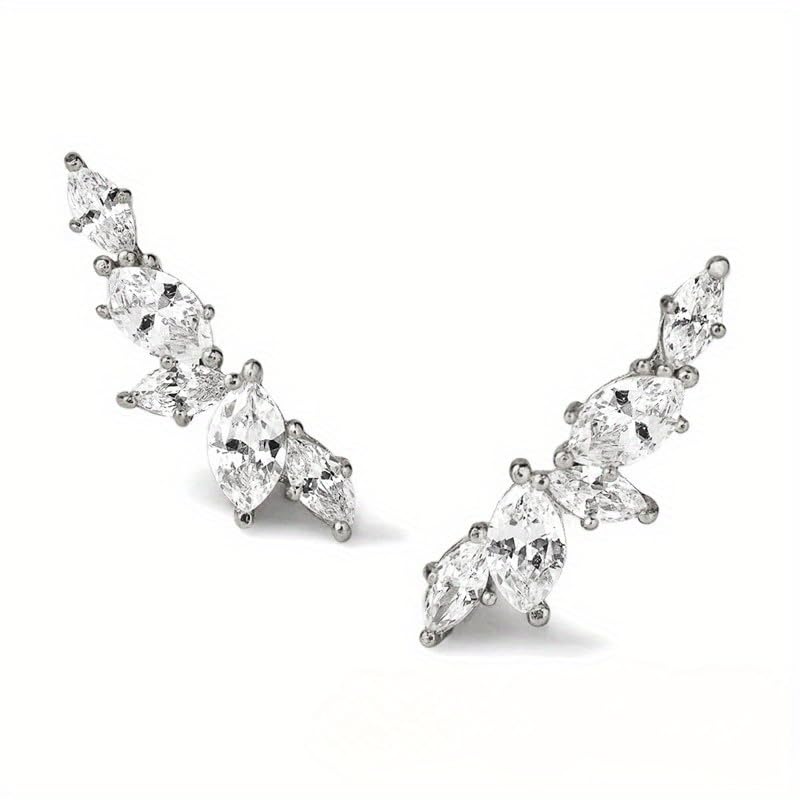 1 Pair Marquise Zirconia Ear Climber Stud Earrings for Women Daily Casual Clip Earrings Jewelry - color: Silver