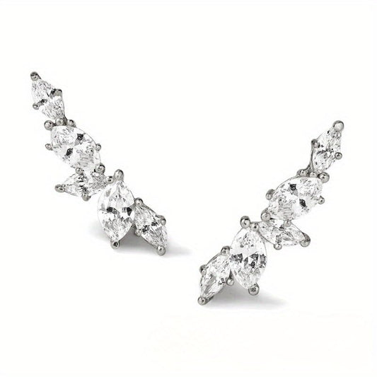 1 Pair Marquise Zirconia Ear Climber Stud Earrings for Women Daily Casual Clip Earrings Jewelry - color: Silver