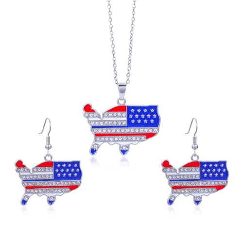 HUJUON American Flag Pendant Necklace Earring Set for Women 4th Of July Butterfly Drop Dangle Hook Earring Independence Day Usa Patriotic Choker Jewelry Gift - color: Map Silver