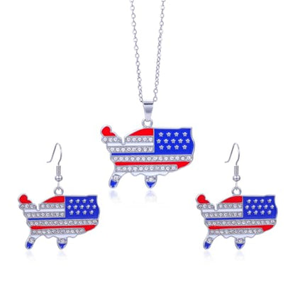 HUJUON American Flag Pendant Necklace Earring Set for Women 4th Of July Butterfly Drop Dangle Hook Earring Independence Day Usa Patriotic Choker Jewelry Gift - color: Map Silver