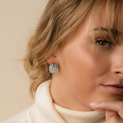 Mytys Two Tone Huggie Hoop Earrings Cross Over Design Twisted Rope Silver Gold Statement Wide Band Clip On Hoops for Women Fashion Jewelry Gift - color: solid Gold & Silver