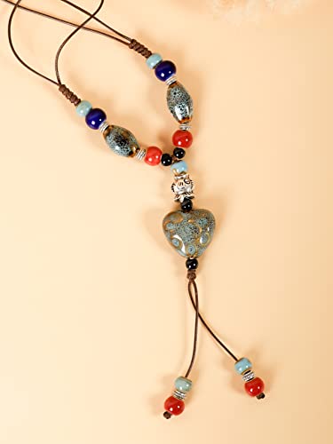 MINACHI Boho Hippie Colorful Ceramic Heart Bead Strand Necklace, Bohemian Summer Statement Jewelry Gift for Women - color: S04
