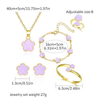 Clover Jewelry Set for Women Non Tarnish Gold-Tone Five Leaf Clover Necklace, Earrings, Ring, Bracelet Fashion Simple Floral Jewelry Set - color: Purple