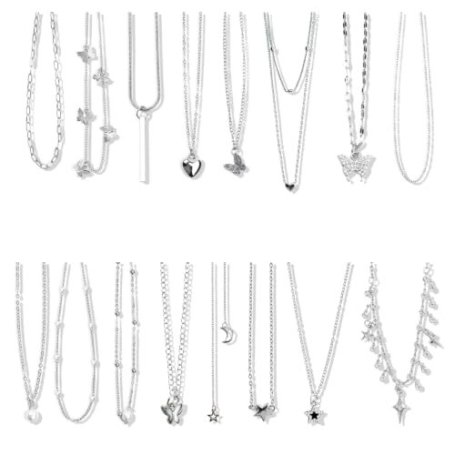 24 Pcs Y2K Necklace Set, Layered Grunge Emo Jewelry Pack With Cross, Butterfly, Heart, Moon, Star, and Pearl Chain Pendant Accessories, Daily Wear Gifts for Women - color: 16 Pcs Silver
