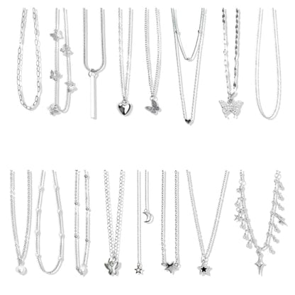 24 Pcs Y2K Necklace Set, Layered Grunge Emo Jewelry Pack With Cross, Butterfly, Heart, Moon, Star, and Pearl Chain Pendant Accessories, Daily Wear Gifts for Women - color: 16 Pcs Silver