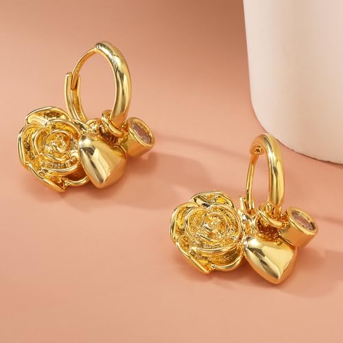 Dangle Gold Charm Earrings for Women 14K Gold Plated Bow Cherry Rose Zirconia Dragonfly Love Heart Wing Cross Pearl Conch Seashell Huggie Hoop Earring Drop Cross Trendy Party Jewelry Gifts for Women - style: Rose and Heart