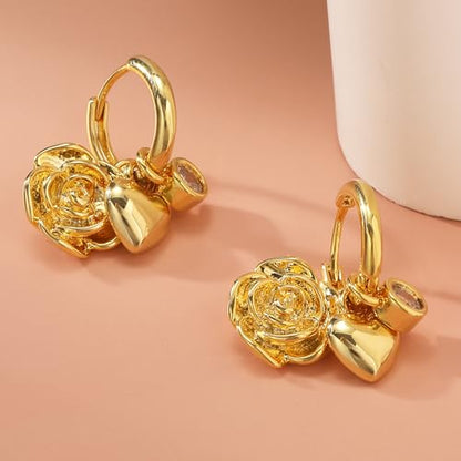 Dangle Gold Charm Earrings for Women 14K Gold Plated Bow Cherry Rose Zirconia Dragonfly Love Heart Wing Cross Pearl Conch Seashell Huggie Hoop Earring Drop Cross Trendy Party Jewelry Gifts for Women - style: Rose and Heart