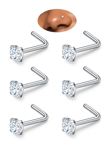 6-Piece L-Shaped Moissanite Nose Stud Set, 925 Sterling Silver Nose Rings | Hypoallergenic Nose Studs Suitable for Nostril, Nasal Septum, and Nasal Cartilage Piercings; Colorfast (Unisex) - color: Silve