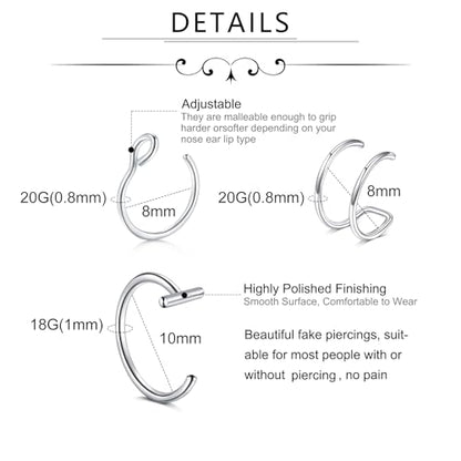 Zolure Fake Piercing Fake Eyebrow Ring Fake Lip Labret Studs Replacement Balls Spike with 100pcs Sticker Non-Piercing Body Jewelry - color: Silver #1