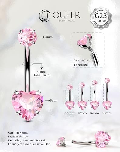 OUFER Titanium Belly Button Rings, Long Belly Piercing Jewelry, Cute Pink Navel Piercing jewelry, 14G Internal Thread Belly Rings For Women-10MM/12MM/14MM/16MM