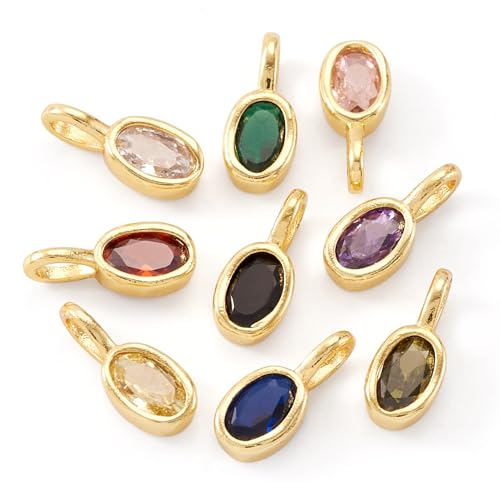 9Pcs Oval Brass Cubic Zirconia Charms Crystal Birthstone Dangle Charms Golden Brass Necklace Pendants for DIY Earring Bracelet Craft Jewelry Making Ornament 12x5x4mm - color: Oval
