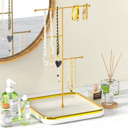 Gold Necklace Holder with Ceramic Base,Jewelry Organizer Stand,1.3ft Height Tall Necklace Hanger Tower Organizer, Aesthetic Jewelry Stand for Necklace, Earring, Bracelets, Rings Display (White)