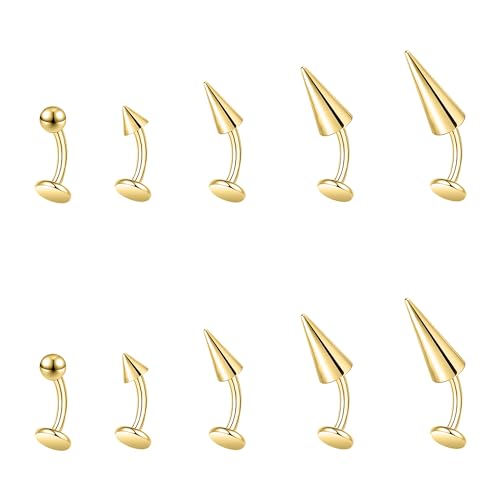 ZS 16G Devil Curved Barbell Lip Ring, Stainless Steel 6/8/10/12mm Long Bar Belly Button Ring, Flat Back Tiger Teeth Vertical Labret Lip Rook Navel Piercing Jewelry - color: Gold, size: L:6mm