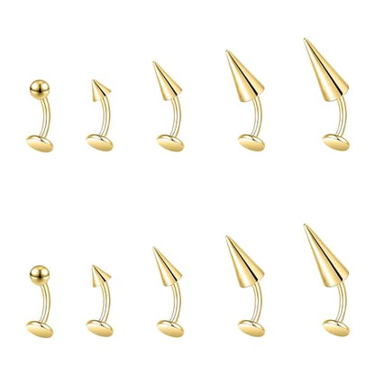 ZS 16G Devil Curved Barbell Lip Ring, Stainless Steel 6/8/10/12mm Long Bar Belly Button Ring, Flat Back Tiger Teeth Vertical Labret Lip Rook Navel Piercing Jewelry - color: Gold, size: L:6mm