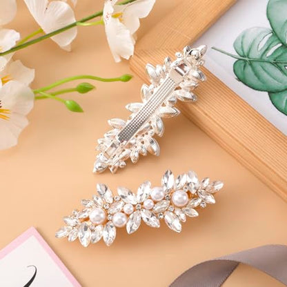 Joez Wonderful 2 Pcs Rhinestone Hair Clips, Pearl Bridal Hair Accessories for Women, Sparkly Crystal Hair Pins, Fancy Flower Hair Barrettes for Wedding, Bride (Gold, Silver) - color: Pearl (Gold, Silver)