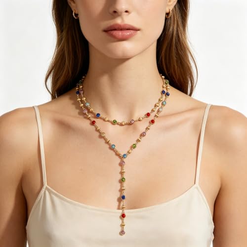 KURTCB Rhinestone Necklace for Women Boho Long Y Lariat Gold Necklace Stack Colorful Summer Beach Jewelry - color: Multicolor Layered