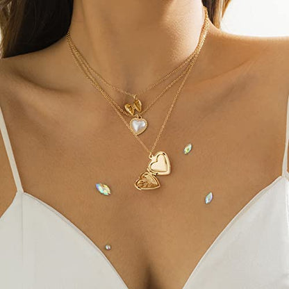 KnBoB 3 Layered Necklaces for Women, Layered Choker Necklaces for Women Adjustable Gold Plated Rolo Chain Necklace with Heart Pendant - color: Gold