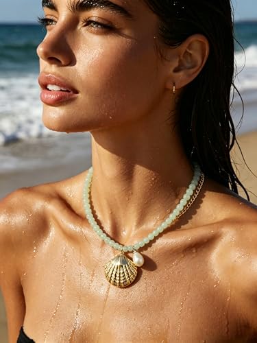 Fish Shell Necklace for Women, Beaded Necklaces Boho Statement Necklace, Pearl Necklaces Summer Beach Vacation Dress & Costume Jewelry - color: Light Green-shell