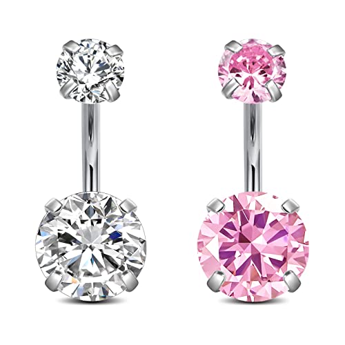FECTAS 14g Belly Button Rings Surgical Steel CZ Petite Navel Ring for Women Body Piercing Jewelry Petite select Barbell Len 6mm 8mm 10mm 12mm 14mm Silver - style: silver4-2pcs-8mm bar