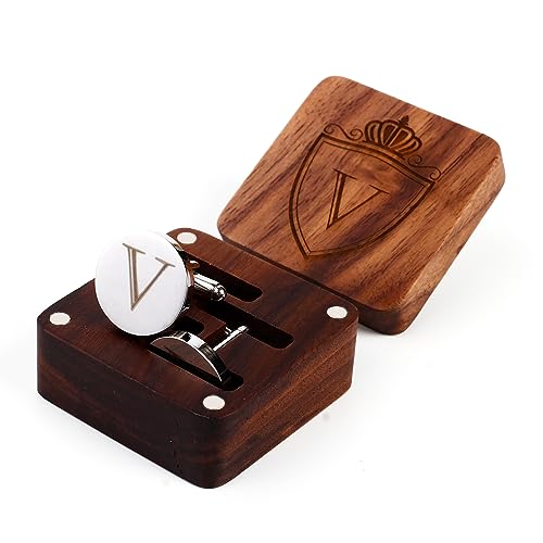 Mens Initial Silver Cufflinks A-Z Alphabet Letter Steel Cuff Links with Engraved Walnut Wood Box Groom Groomsman Wedding Set… - style: V