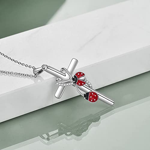 POPLYKE Cross Necklace for Women 925 Sterling Silver Cross Pendant Necklace Animal Jewelry Christmas Gifts for Women Mother Grandma - style: Ladybug