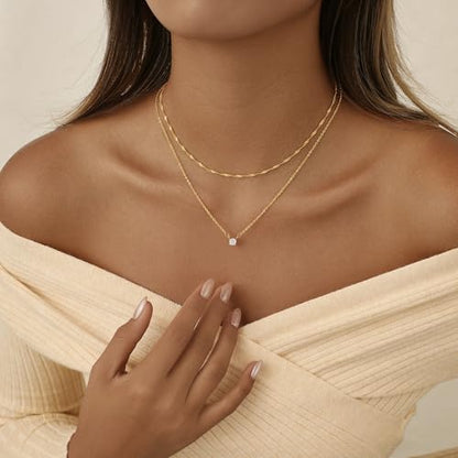 Layered Gold Necklace Set for Women Dainty Waterproof Cute Choker | 14K Gold Plated Minimalist Non Tarnish Lightweight CZ Pendant Pearl Twist Paperclip Chain Jewelry Gifts - style: 2PCS-Twisted rope zircon-GD