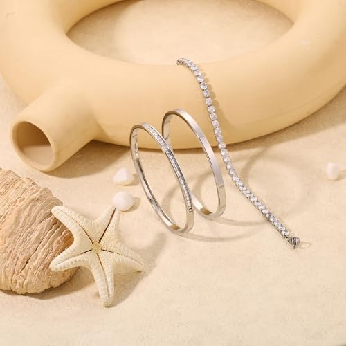 Camhanno Stackable Silver Bracelets for Women Stainless Steel Love & Friendship Bangle, Mothers Day Valentines Birthday Christmas Jewelry Gifts for Mom Her Wife Grandma - style: Silver Bracelet Stack 3pcs