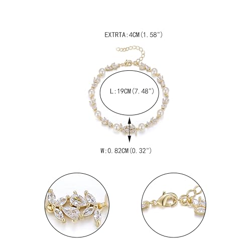 EVER FAITH Gorgeous Cubic Zirconia Pearl Wedding Link Bracelet for Bride | Marquise Teardrop Crystal Bridal Prom Jewelry, for Women Bridesmaids - style: Leaf_Clear Gold-Tone