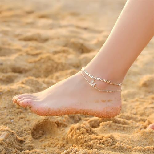 Gold Plated Initial Ankle Bracelets Stainless Steel 2 PCS Dainty Layered Figaro Beaded Chain CZ Letter Charm Anklets Summer Beach Jewelry Gift for Women - color: Gold Letter C