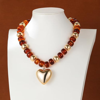 Resin Chunky Colorful Beaded Necklace | Adjustable Boho Statement Necklace,Summer Beach Party Jewelry - color: Heart+Brown