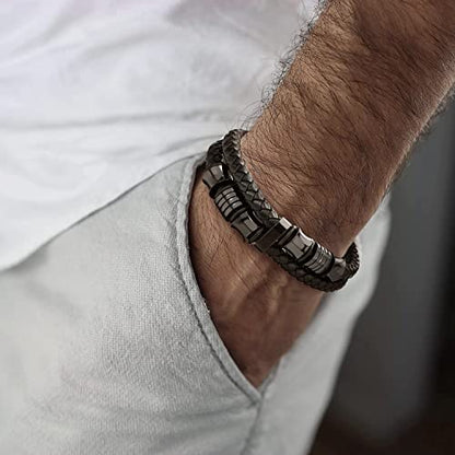 COOLSTEELANDBEYOND Mens Double-Row Braided Leather Bracelet Bangle Wristband with Black Stainless Steel Ornaments - color: A-Black