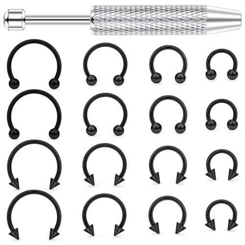 Hoeudjo 16G Horseshoe Septum Rings with Ball Grabber Tool Hypoallergenic Surgical Steel Septum Piercing Jewelry Lip Rings for Women Men Diameter 6mm 8mm 10mm 12mm - color: black