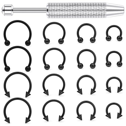 Hoeudjo 16G Horseshoe Septum Rings with Ball Grabber Tool Hypoallergenic Surgical Steel Septum Piercing Jewelry Lip Rings for Women Men Diameter 6mm 8mm 10mm 12mm - color: black