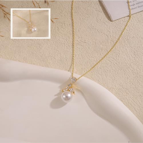 Pearl Necklaces for Women,Dainty Gold Pendant Necklaces Waterproof Jewelry | 14K Gold Plated Pearl Necklaces,Dainty Elegant Wedding Necklace,Small Cute Adjustable Minimalist Necklace,Non Tarnish Jewelry - color: GOLD-8