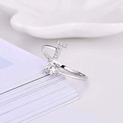 FUTIMELY Initial Letter Ring Alphabet Ring A-Z Silver Crystal Open Adjustable Personalized Initial Ring for Women - style: T