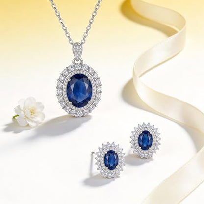 Cubic Zirconia Necklace and Earrings Set for Women 14K White Gold Plated Bridesmaid Silver Jewelry Set for Women Pendant Necklace Hypoallergenic Stud Earrings Set Jewellery Gift for Mom Wife Bride Bridesmaid - color: Sapphire Blue-Oval Shape