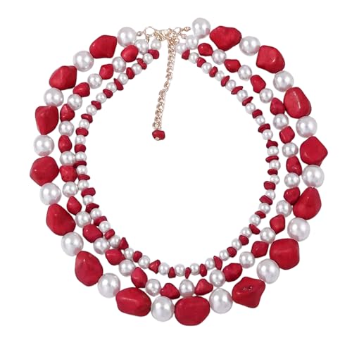 JNF Faux Pearl Statement Necklaces Big Beaded Necklace for Women Chunky Pearls Necklace and Earring Set Large beads Costume Necklace - color: red turquoise neck