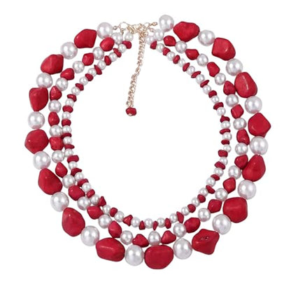 JNF Faux Pearl Statement Necklaces Big Beaded Necklace for Women Chunky Pearls Necklace and Earring Set Large beads Costume Necklace - color: red turquoise neck