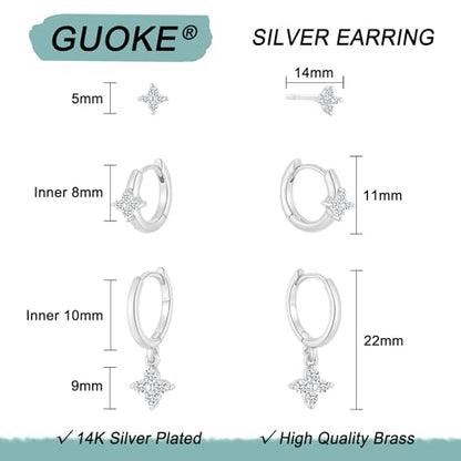 3 Pairs Earring Stacks, Gold Earring Set Jewelry Gift for Women | Small, 14K Gold/White Gold/Black/Rose Gold Plated, Hypoallergenic, Her, Everday, Stackable, Simple, 3 Holes - color: Silver-Clover