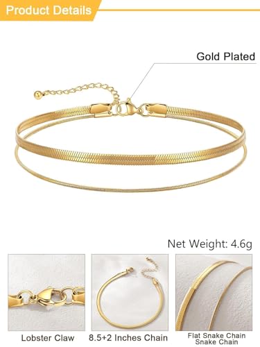 U7 Silver/Gold/Black Ankle Bracelets for Women Layered Chain Anklets | Stainless Steel Anklets Waterproof Summer Beach Anklet Charm, Adjustable 8.5"-10.5",Layered Anklet Fashion - color: Gold - Flat Snake Chain+Snake Chain