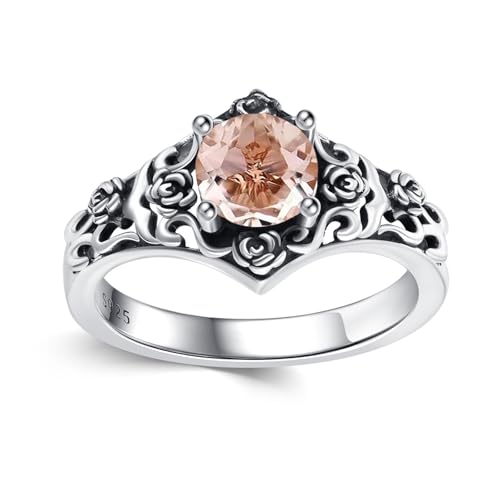 Vintage Style 1 Carat Round Cut Birthstone Ring 925 Sterling Silver Stone with Oxidized Rose Filigree Anniversary Engagement Ring for Women Gifts Size 5-12 - color: Morganite