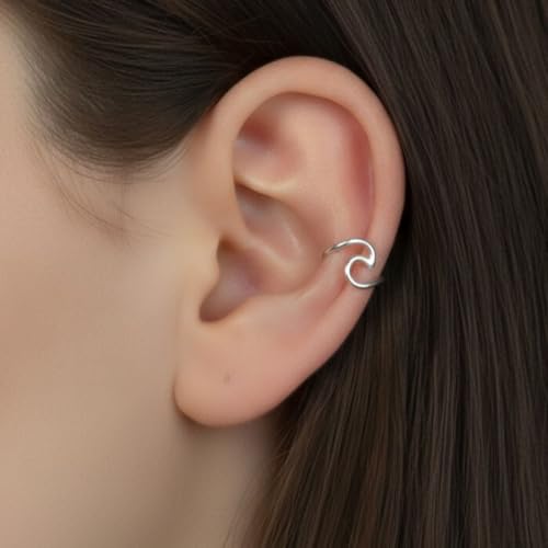 925 Sterling Silver Ear Cuff, Handmade Single Band Adjustable Non Piercing Clip On Cartilage Earring, Minimalist Ear Wrap Faux Piercing Jewelry for Women - style: Wave Band