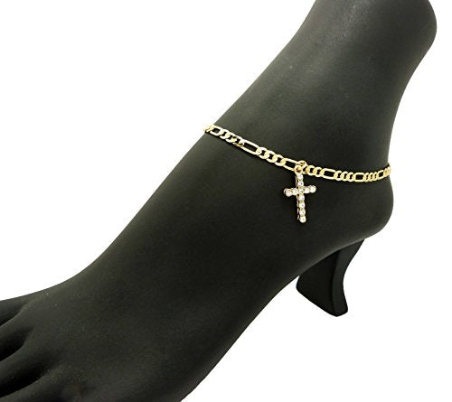 Fashion 21 Women's Cross, Ankh, Queen Nefertiti Piece 10 inches Figaro Chain Anklet Foot Bracelet in Gold Tone - style: Cross Piece / Figaro