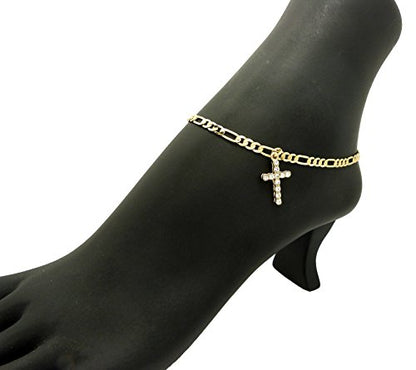 Fashion 21 Women's Cross, Ankh, Queen Nefertiti Piece 10 inches Figaro Chain Anklet Foot Bracelet in Gold Tone - style: Cross Piece / Figaro