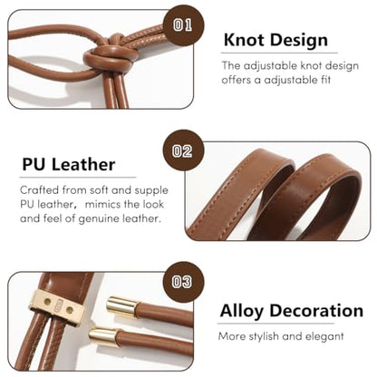 Women's Knotted Thin Waist Belt PU Leather Skinny Belts for Dresses Pants - color: Brown
