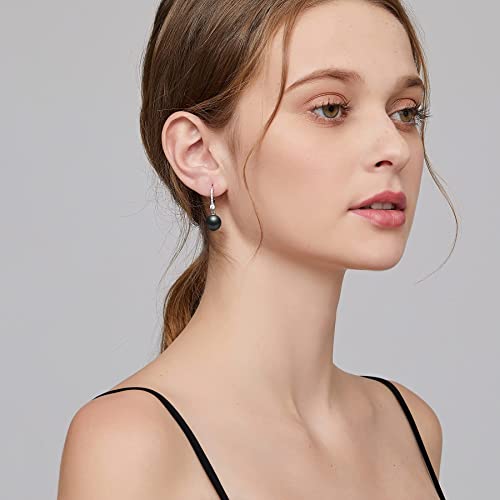 Pearl Dangle Drop Earrings for Women 925 Sterling Silver Pearl Leverback Earrings Cubic Zirconia Pearl Dangling Earrings 10MM - color: 4. Black-10mm