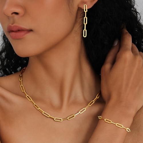 KesaPlan Gold Chain Necklace Bracelet and Earrings for Women Silver Chunky Jewelry Set, 14K Gold Plated Ladies Dainty and Chunky Chain Link Paperclip Jewelry Set for Women Gifts - style: Paperclip Set Gold 1