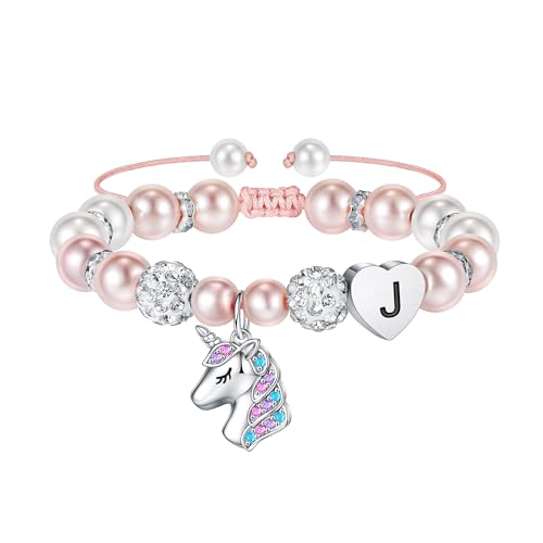 Hidepoo Gifts for Kids Girls - Unicorn Bracelets for Girls Kids, CZ Initial Unicorns Bracelet Adjustable Heart Initial Unicorn Bracelets Jewelry Birthday Gifts for Girl - style: J