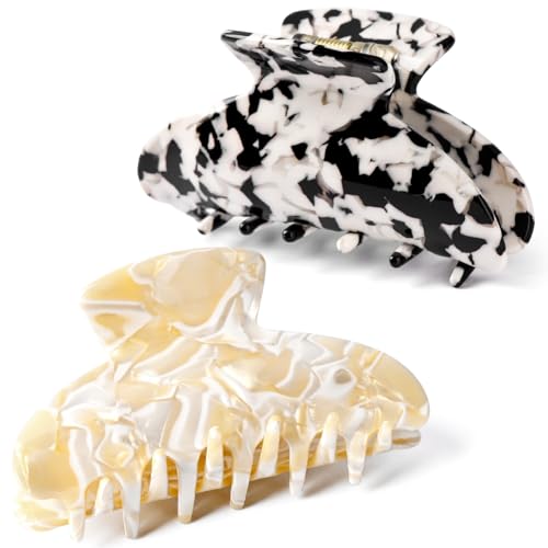 Aileam Acetate Hair Claw Clips for Women,Tortoise shell hair clip French Design Strong Hold Non-Slip claw clips for Thick Hair, 2 Pack - color: Beige & Milk Black