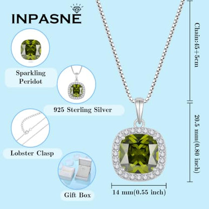 Birthstone Necklace for Women 925 Sterling Silver Princess Cut Halo Necklace Pendant Jewelry for Mom Wife - color: Olive Green